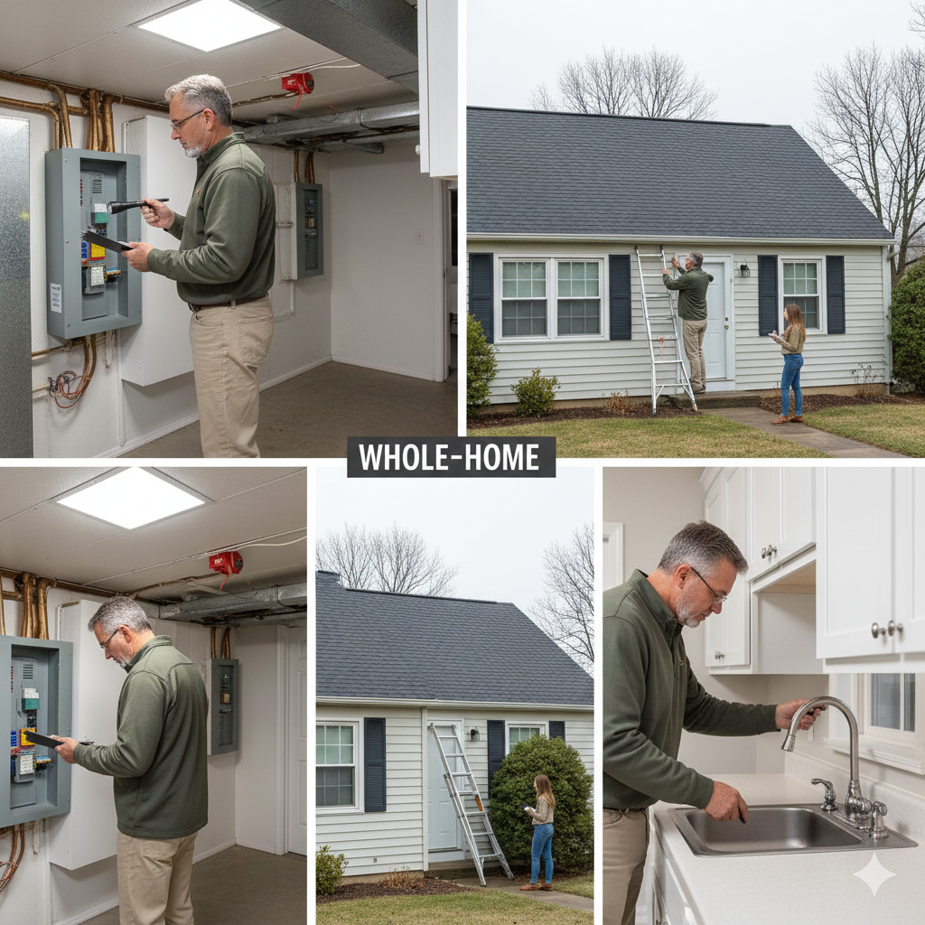 Whole-home inspection showing a professional inspector checking electrical panel, roof, exterior, and plumbing systems, illustrating what inspectors check for during a home inspection in Elmwood Park, New Jersey.