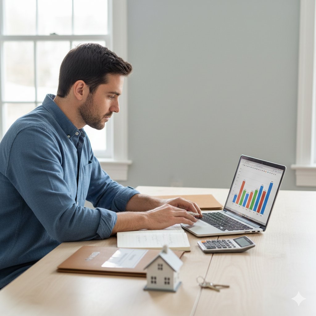 Homebuyer reviewing monthly housing budget and property tax planning at a desk with a laptop, calculator, and house model, illustrating budgeting for property tax rates in Bergen County.