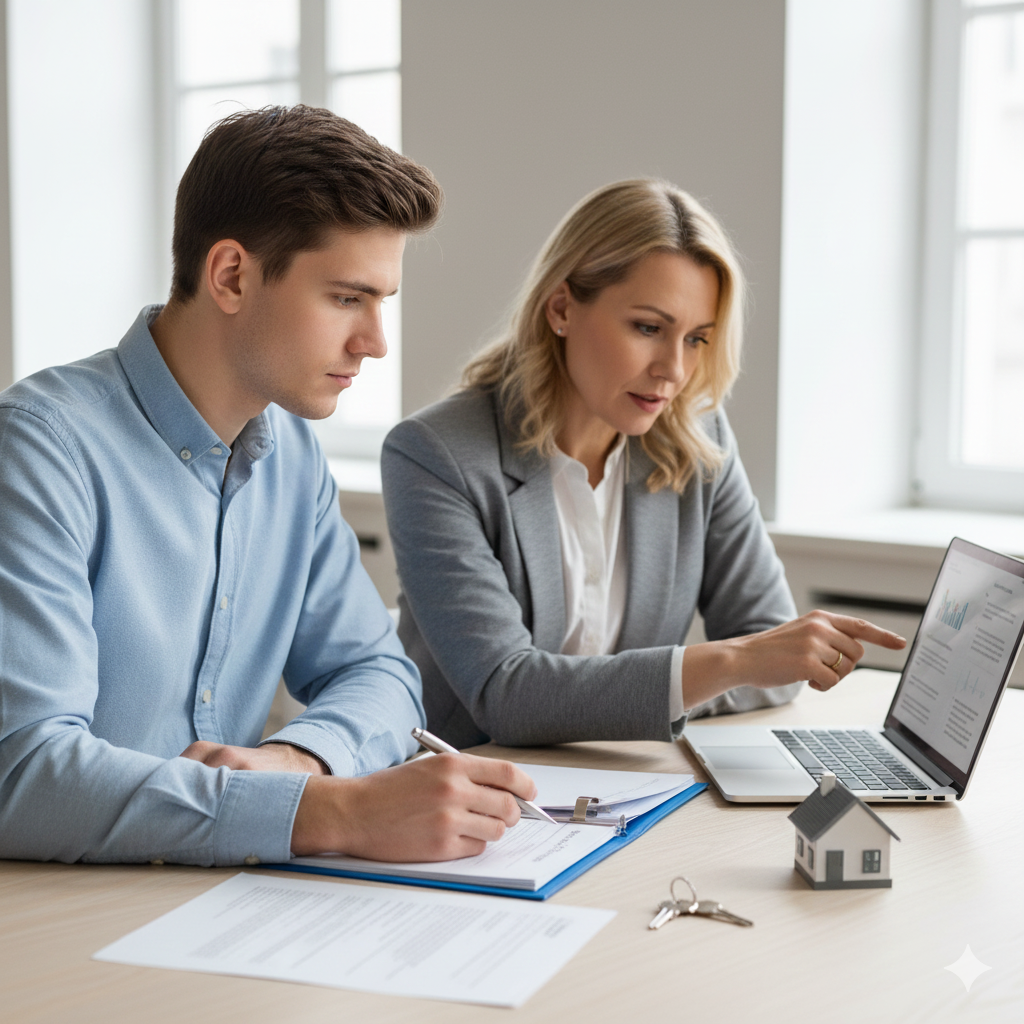 Homebuyer reviewing mortgage options with a professional advisor at a desk, illustrating North Jersey financing choices, pre-approval planning, and home loan preparation.