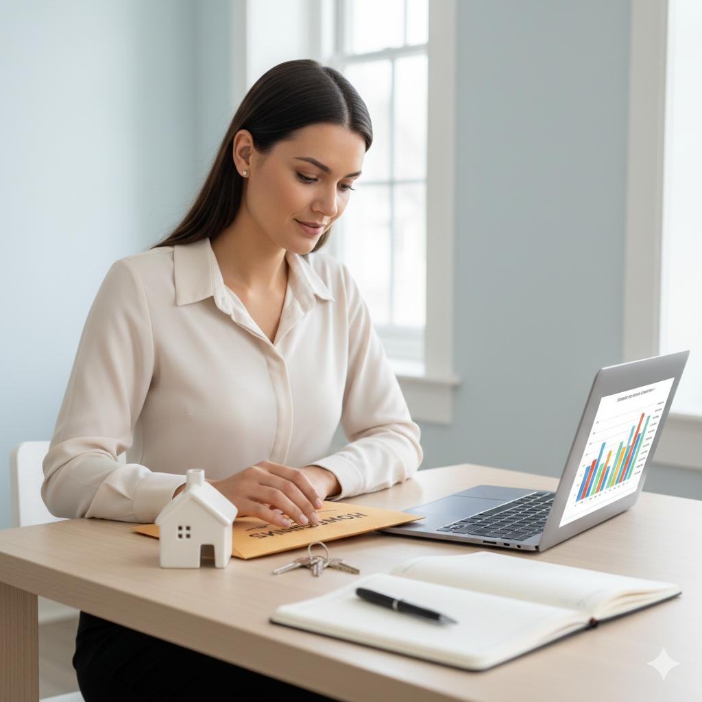 Homebuyer organizing down payment and closing cost documents at a desk with a house model and keys, representing down payment assistance and home purchase preparation in New Jersey.