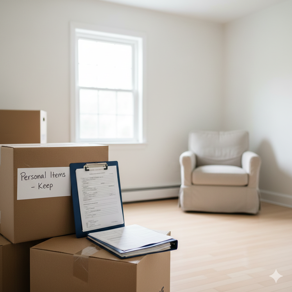 Preparing an inherited home for sale in Elmwood Park with labeled personal item boxes and property records in a clean, empty room, illustrating as-is estate home preparation before listing in New Jersey.