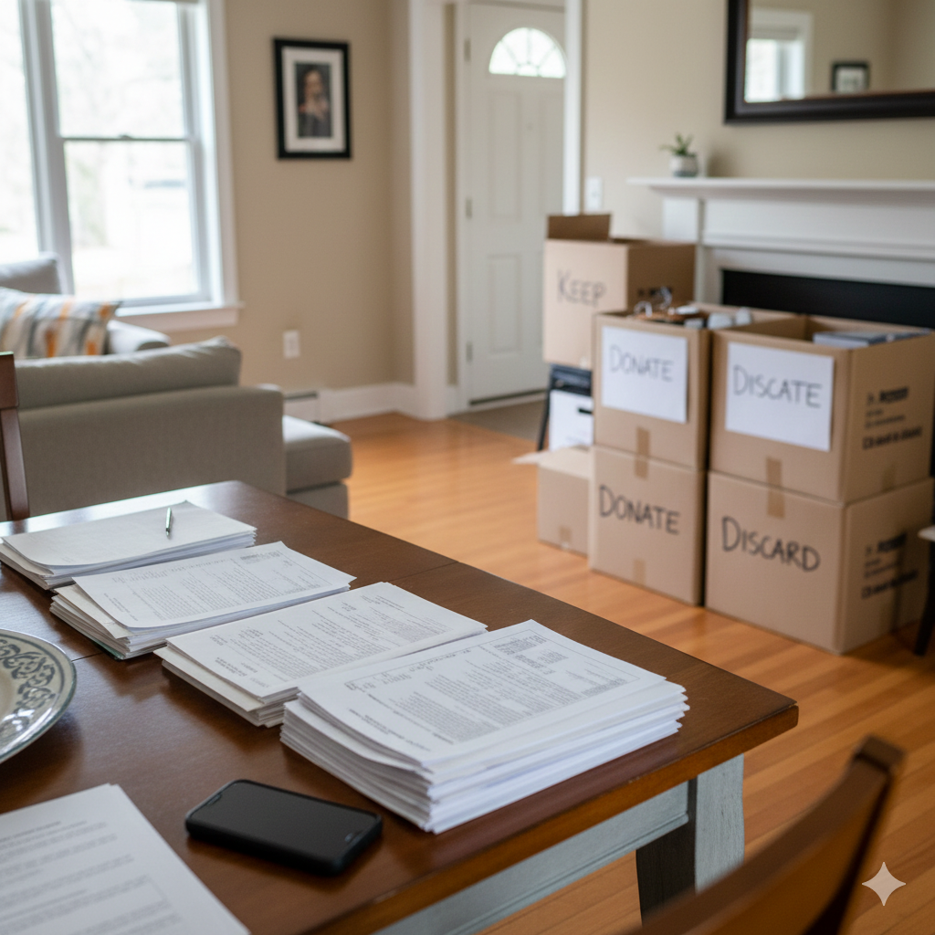 Estate cleanout process in a Bergen County home with labeled boxes for keep, donate, and discard, and organized estate documents on a table, illustrating how to manage contents when preparing an inherited property for sale.