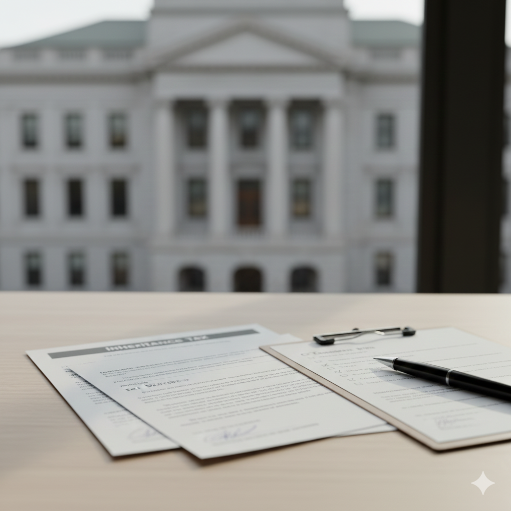 New Jersey inheritance tax documents and estate paperwork on a desk with a courthouse in the background, illustrating inheritance tax rules, filings, and waivers required before selling an inherited property in NJ.