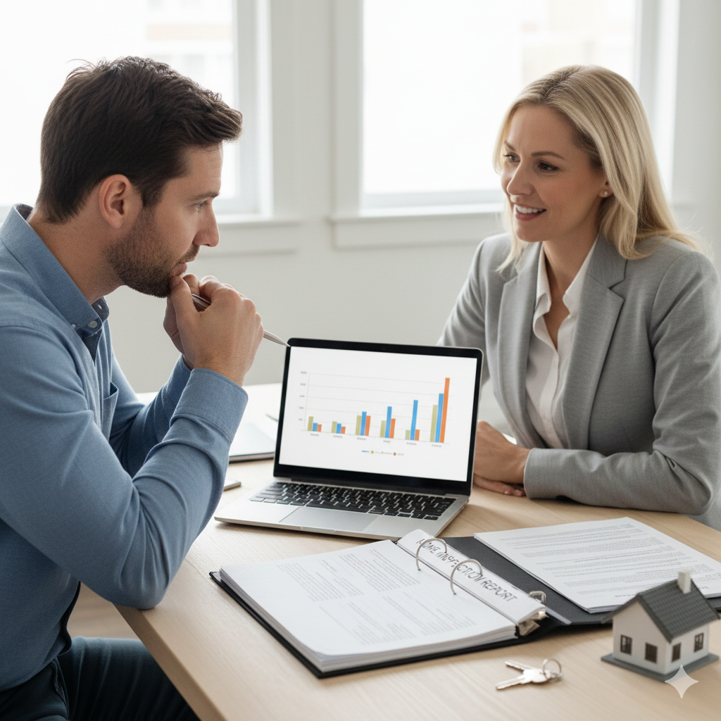 Homebuyer reviewing inspection results and repair options with a real estate professional at a desk, illustrating repair requests and negotiation strategy after a home inspection in North Jersey.