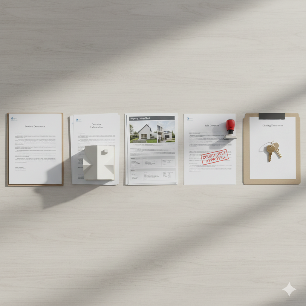Estate property sale timeline showing probate documents, executor authorization, home listing, court approval, and closing documents with keys, illustrating the New Jersey probate home sale process from start to finish.