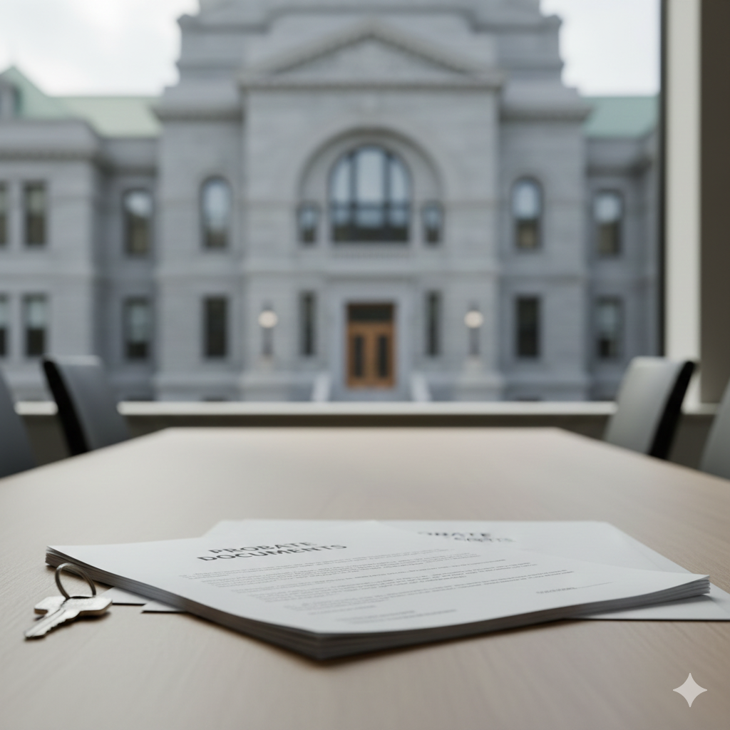 Probate documents and house keys on a table with a New Jersey courthouse in the background, representing the probate real estate process before selling an inherited property in New Jersey.