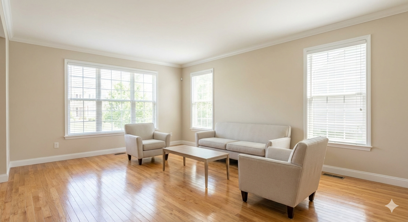Bright, clean living room with neutral furnishings and open blinds, showing an estate home prepared for sale with clear walking paths, natural light, and minimal staging to help buyers focus on the space.