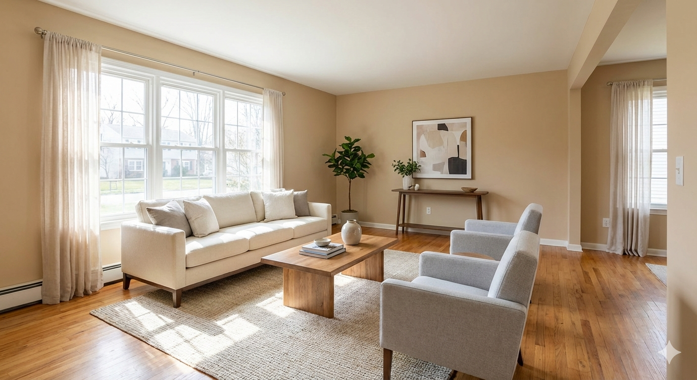 Bright, staged living room with neutral decor, minimal furniture, and natural light, showing home staging tips that help sellers attract buyers.