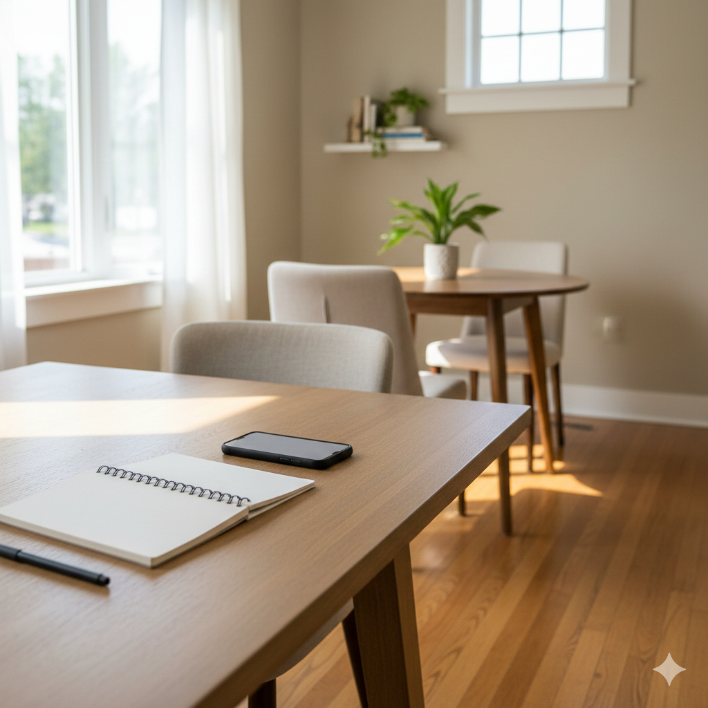 Clean, well prepared home interior with a notebook and phone on a table, representing strategic planning and market timing before listing a home for sale in Elmwood Park.