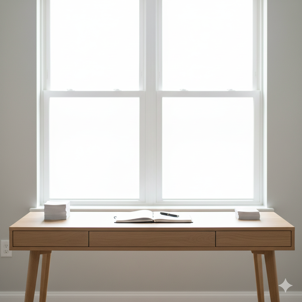 Minimal home workspace with a notebook centered between two stacks of papers, representing balanced pricing strategy and avoiding overpricing or underpricing a home.