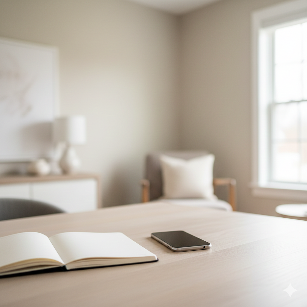 Clean, neutral workspace in a North Jersey home with a notebook and phone on a table, representing a thoughtful pricing and offer strategy before listing a house for sale.
