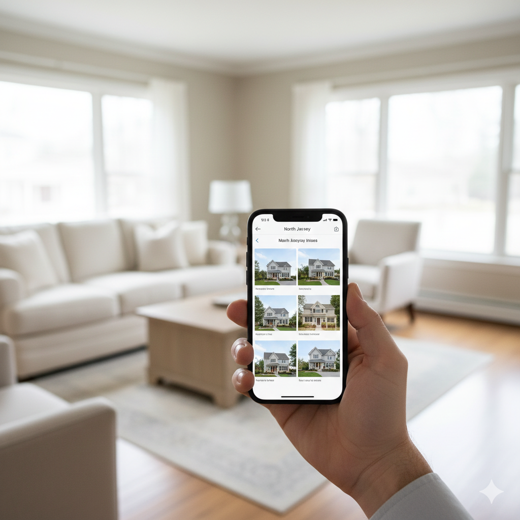 Buyer reviewing multiple home listings on a smartphone inside a staged living room, showing how buyers quickly compare homes online based on price.