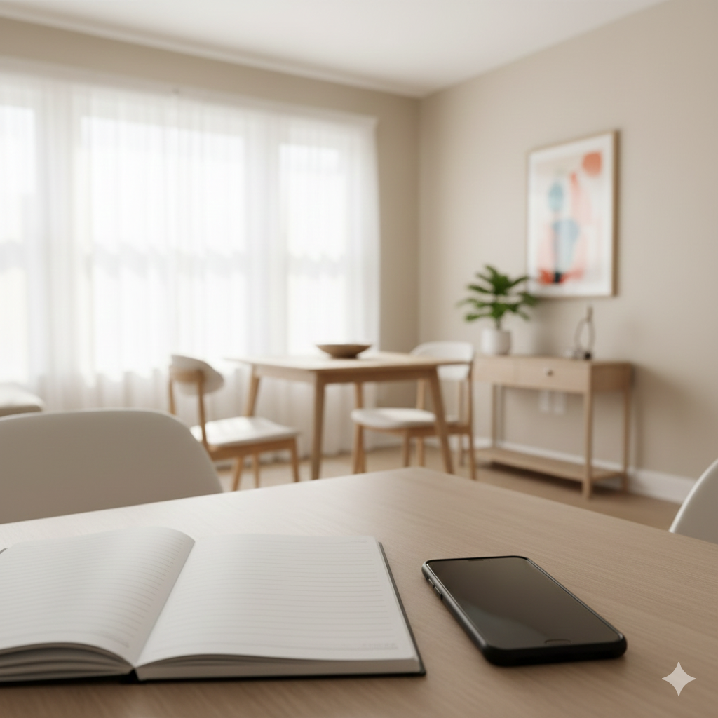 Neutral dining area in an Elmwood Park home with a notebook and phone on a table, representing how buyers consider total monthly costs, including property taxes, when pricing a home.