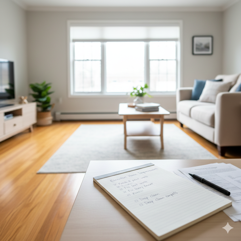 Clean, staged living room in a North Jersey home with a home improvement checklist on a table, showing smart planning to increase property value before selling.