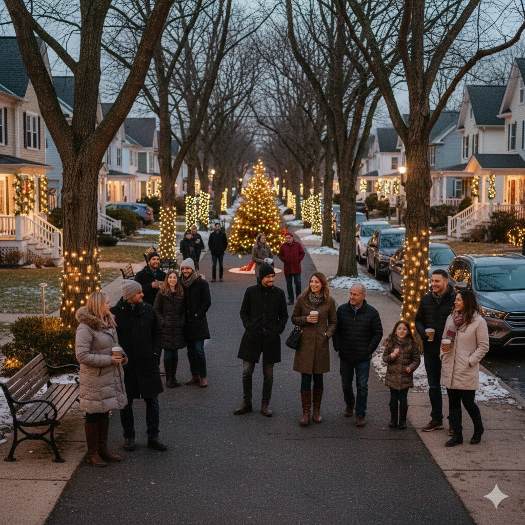 Holiday community event in a North Jersey neighborhood showing residents walking together along a decorated street with Christmas lights and a shared sense of community.