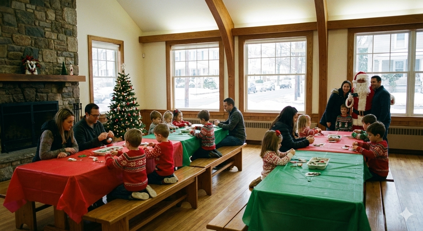Family Christmas events near me in North Jersey featuring children and parents enjoying holiday crafts and photos with Santa at a community center.