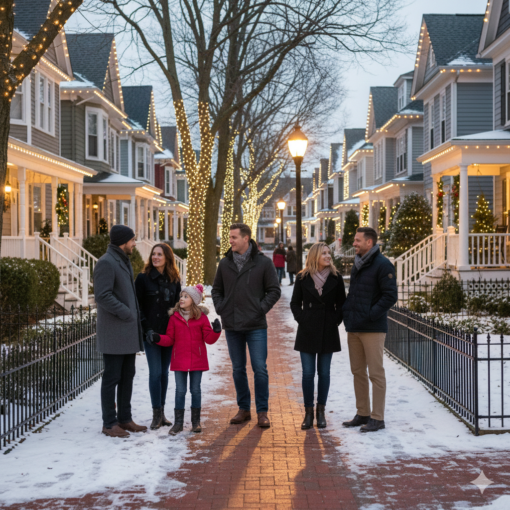 Holiday home tours in North Jersey revealing neighborhood pride, with families walking through a well-maintained residential street decorated with holiday lights.