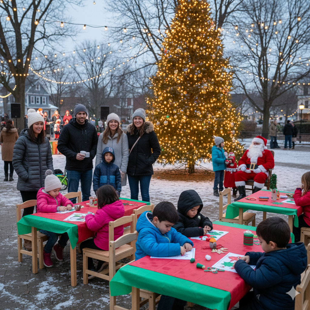 Holiday festivals near me in North Jersey featuring families and children enjoying crafts, Santa visits, and a community tree lighting.
