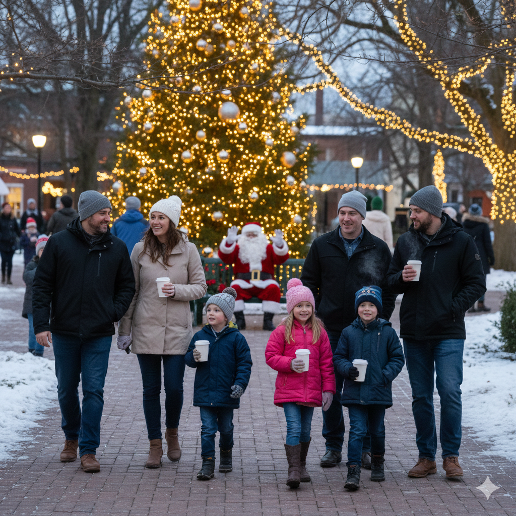 Christmas activities this weekend NJ families enjoy, featuring parents and children walking through a town center with holiday lights, a Christmas tree, and Santa.