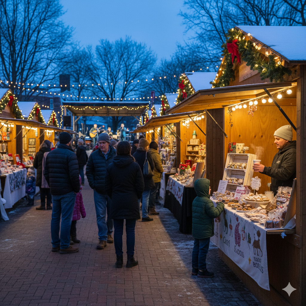 Holiday markets North Jersey residents enjoy, featuring local vendors, handmade gifts, warm drinks, and a family friendly atmosphere in a walkable town center.