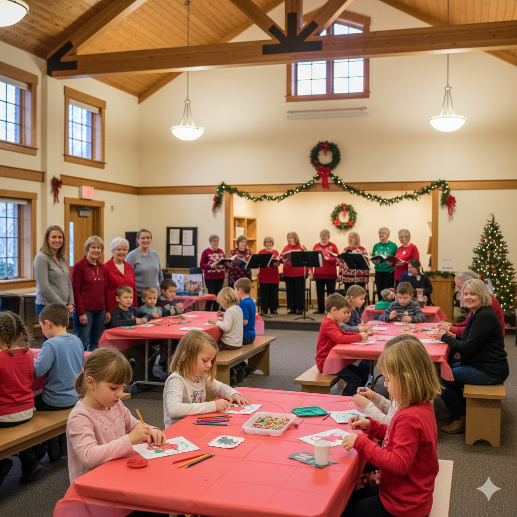 Seasonal events Passaic County communities host, showing children enjoying holiday crafts while a community choir performs at a local indoor event.