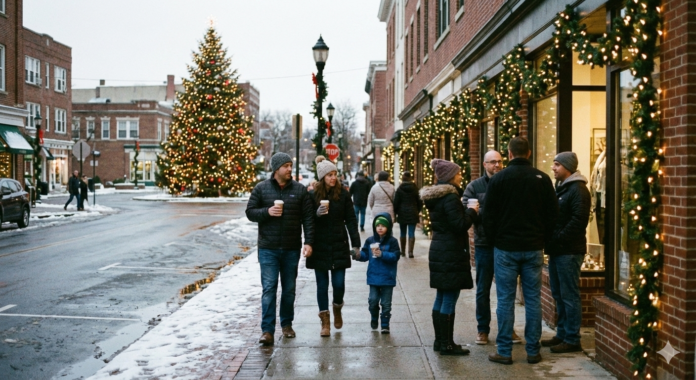 Holiday celebrations in North Jersey featuring families walking through a decorated downtown with Christmas lights, tree lighting, and community events.