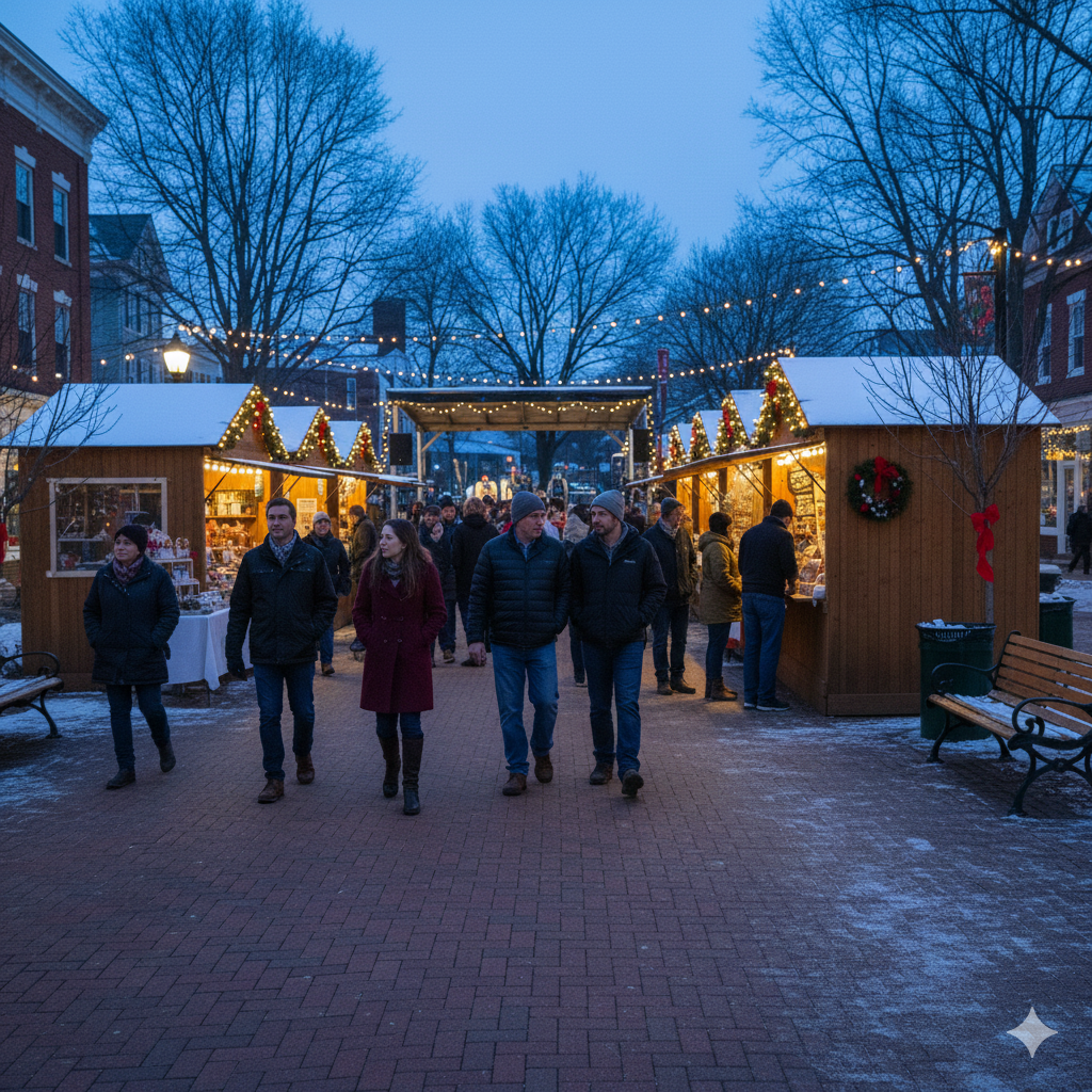 Holiday market in a walkable North Jersey town showing residents strolling between vendor booths and festive lights, highlighting community lifestyle and neighborhood pride.