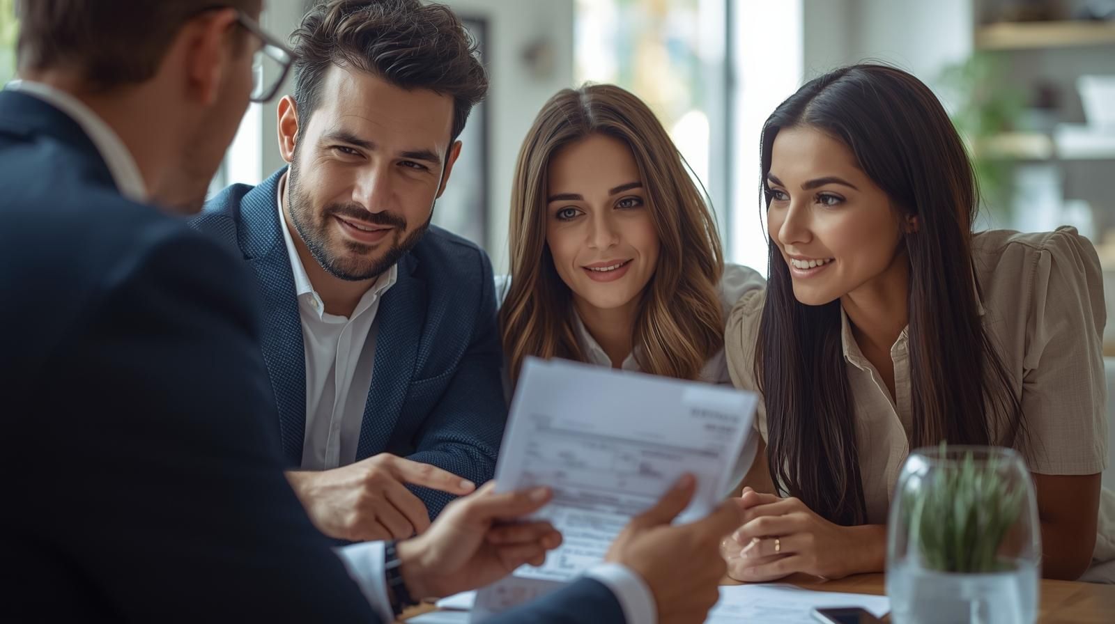 First-time home buyers reviewing a purchase offer with a North Jersey real estate agent, discussing offer structure and strategy to compete in a Bergen County housing market.