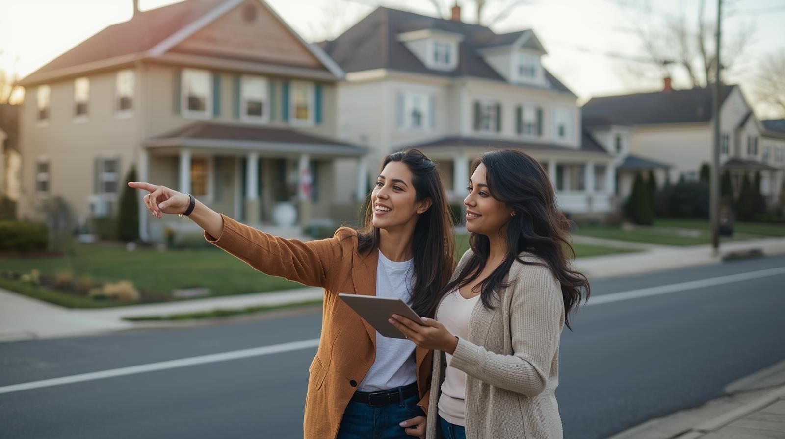 First-time home buyers reviewing neighborhood options with a Passaic County real estate agent on a North Jersey residential street, discussing local market conditions and home buying strategy.