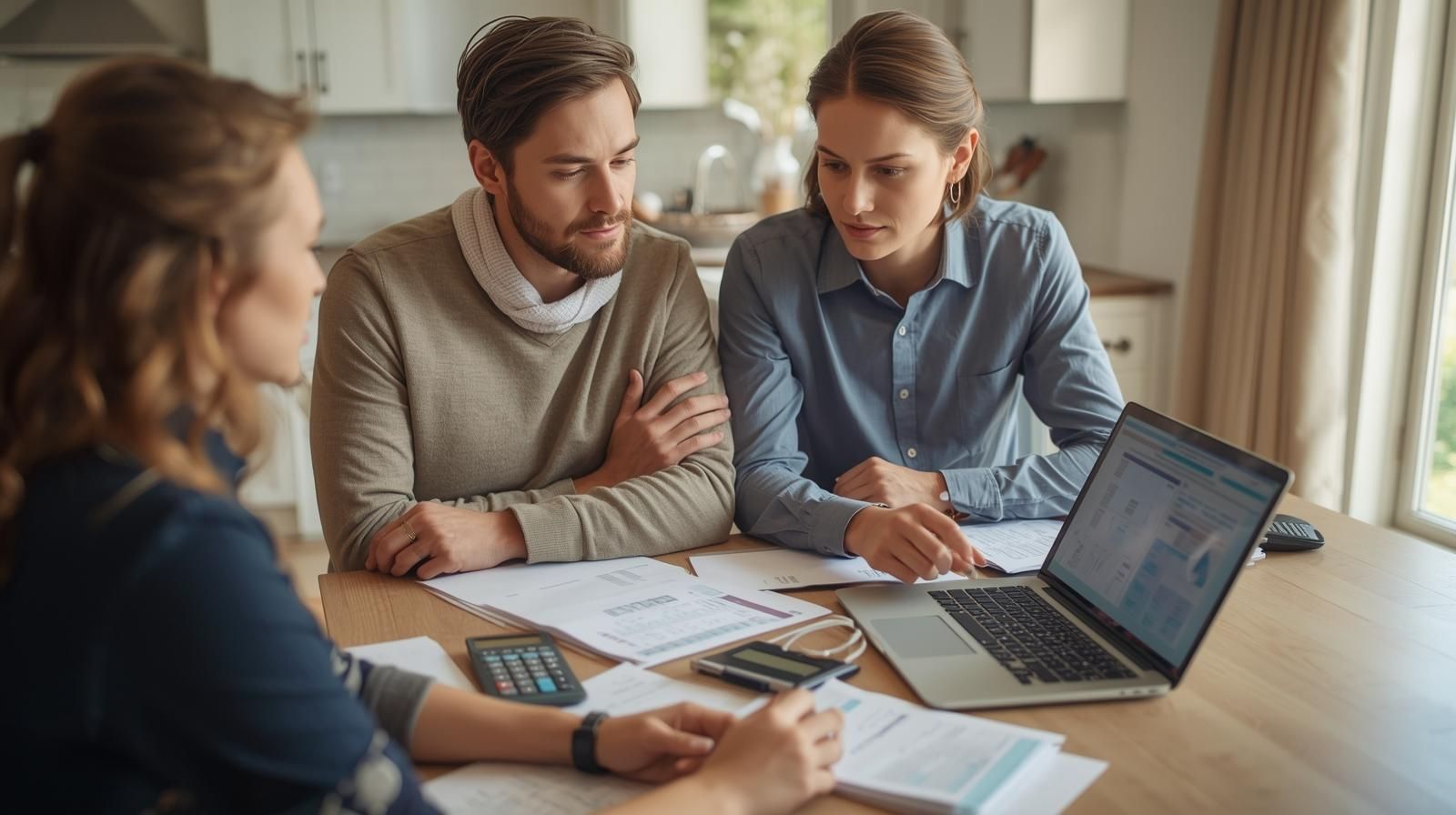 First-time home buyers reviewing mortgage options and budgeting details with a real estate agent in North Jersey, planning affordability before making an offer.