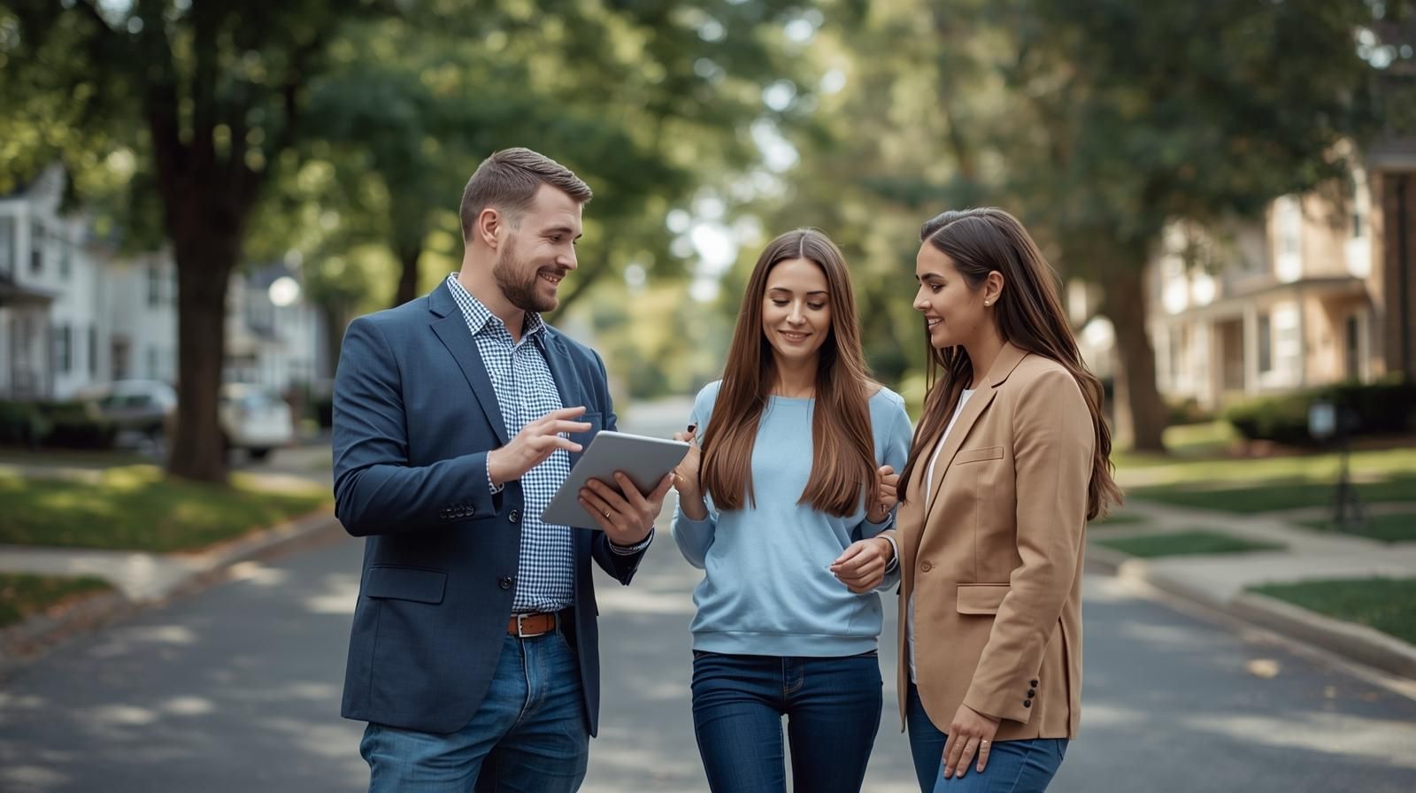 First-time home buyers reviewing local market information with a Bergen County real estate agent on a suburban North Jersey street, discussing neighborhood pricing and buyer strategy.
