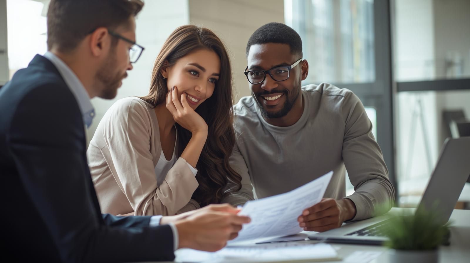 First-time home buyers reviewing a purchase offer with a North Jersey real estate agent, discussing offer structure and strategy to win a home in Passaic County&rsquo;s competitive housing market.