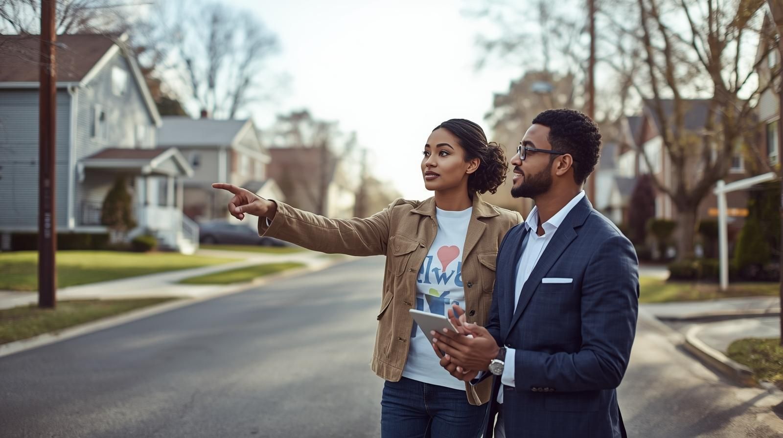 First-time home buyers reviewing North Jersey market conditions with a local real estate agent, discussing neighborhood differences, pricing trends, and buyer leverage before choosing an agent.