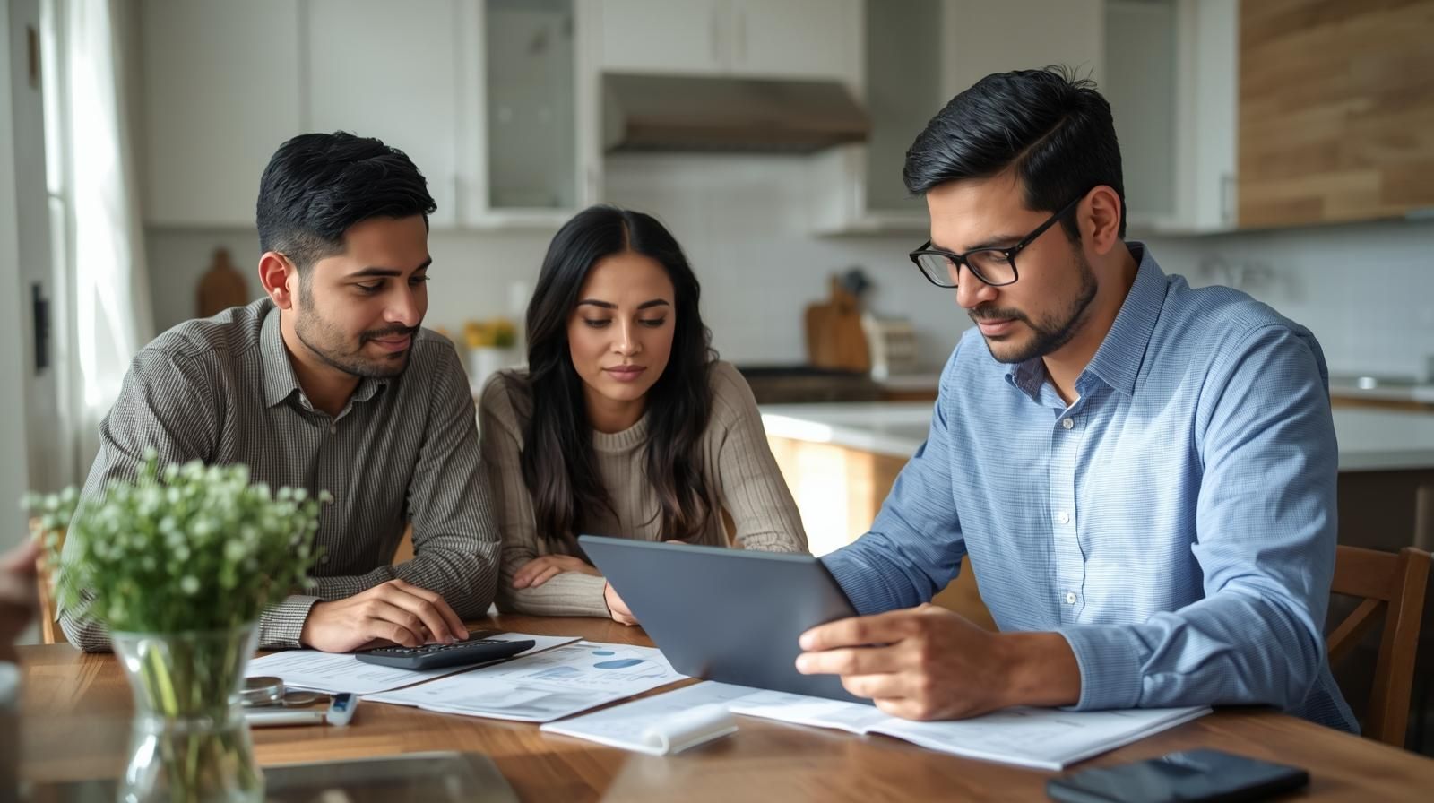First-time home buyers reviewing mortgage options and budgeting details with a real estate agent at a kitchen table in North Jersey, planning affordability before making an offer.