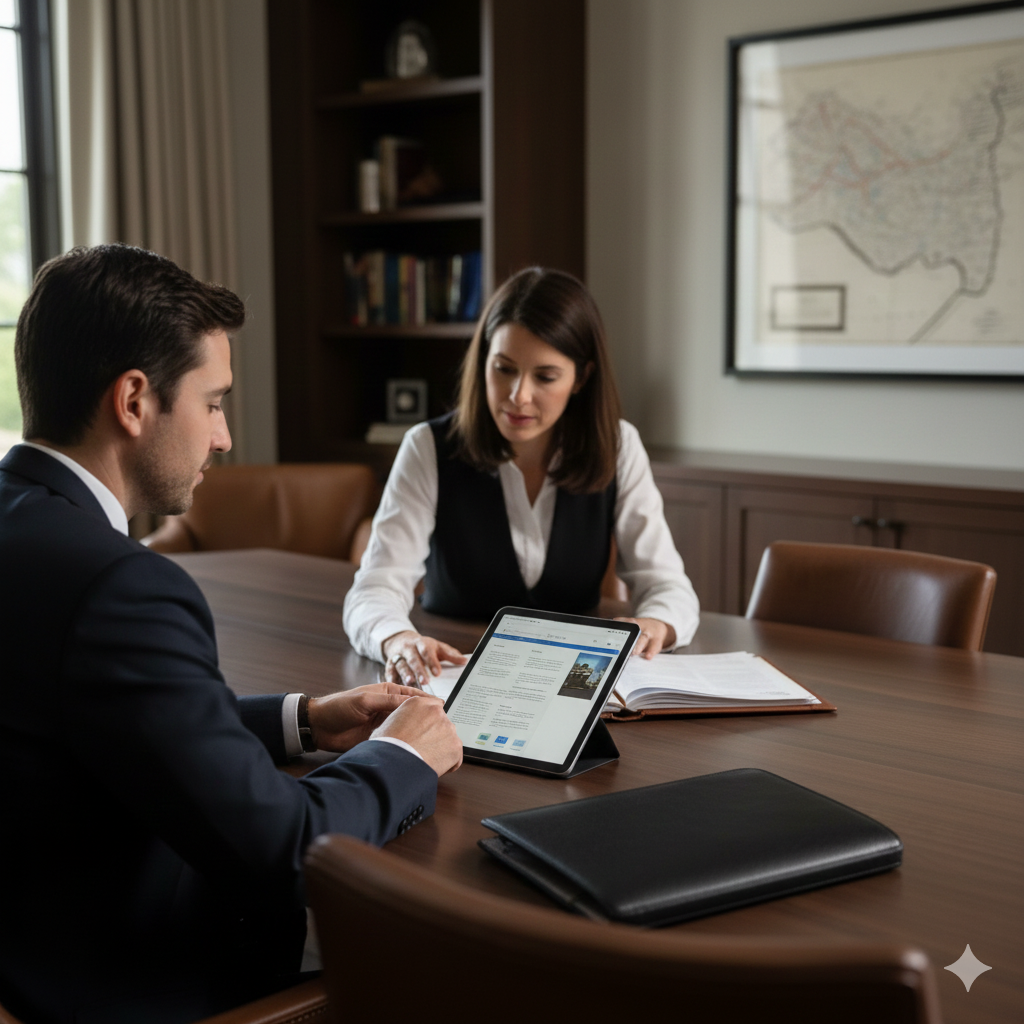 Luxury real estate consultation in Bergen and Passaic County showing a realtor advising clients with local market knowledge and professional guidance