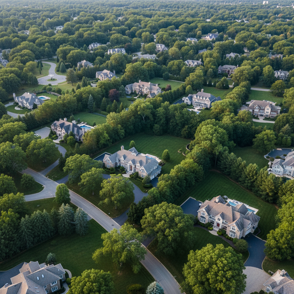 Aerial view of luxury homes in Bergen County, New Jersey, highlighting large lots, privacy, and the high-end residential market served by a luxury real estate agent in Bergen County