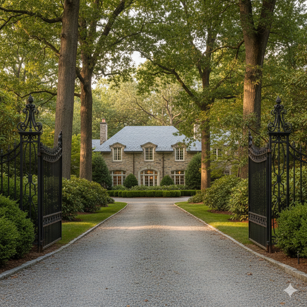 A discreet luxury home setting in Bergen County, New Jersey, suggesting an off-market real estate opportunity. A refined estate partially visible through an elegant gate or long private driveway. Calm, upscale atmosphere with mature landscaping and soft natural lighting. No people visible, no signage. The mood conveys privacy, exclusivity, and insider access. Editorial real estate photography style, realistic, high resolution, suitable for a section about exclusive and off-market luxury listings.