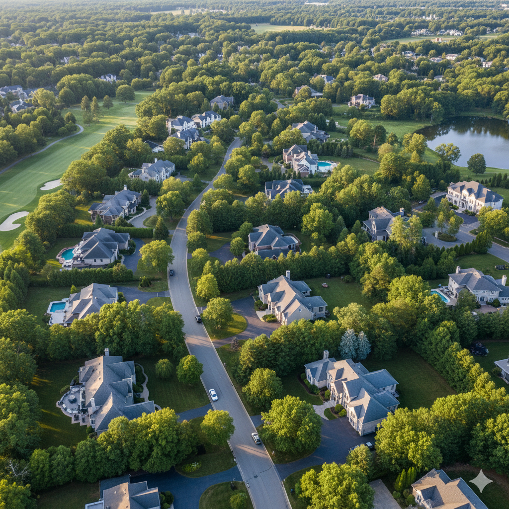Aerial view of luxury homes in North Jersey showing large lots, tree-lined neighborhoods, and high-end residential market conditions in Bergen and Passaic County