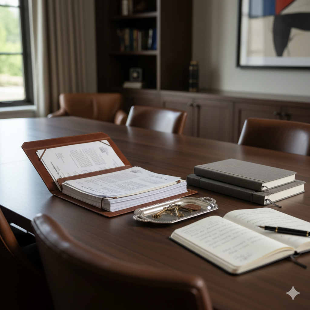 Organized real estate documents and keys on a conference table representing expert guidance for luxury probate and short sale transactions in North Jersey