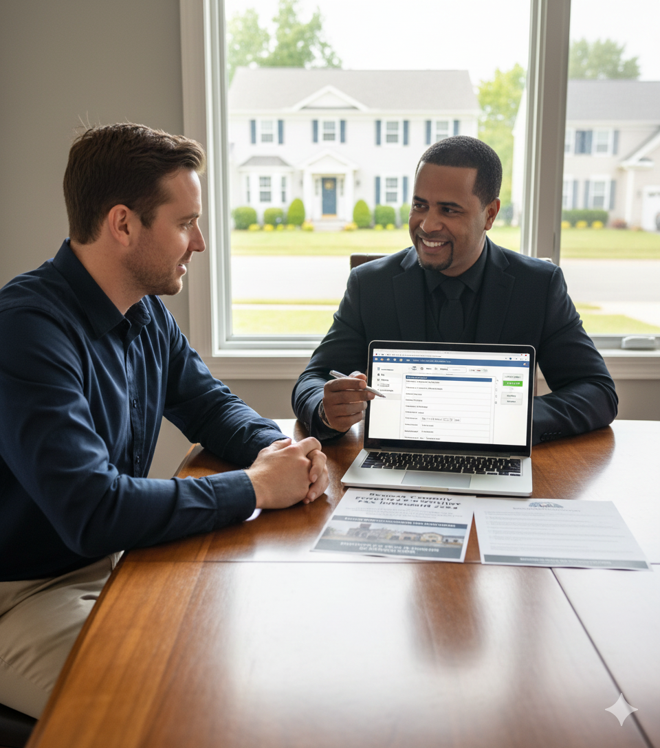 Out-of-state homebuyer and Bergen County real estate agent reviewing mortgage pre-approval and budget details on a laptop, planning financing and closing costs for a New Jersey home purchase.