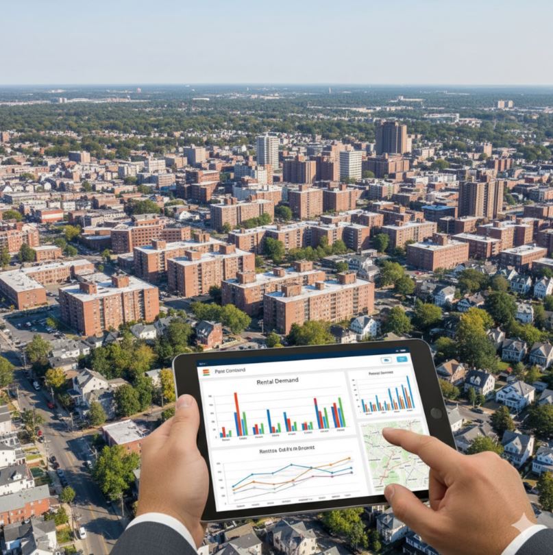 Aerial view of Passaic County New Jersey showing dense multi-family buildings and residential neighborhoods as a real estate investor reviews rental demand and market data on a tablet, representing investment market analysis in North Jersey.