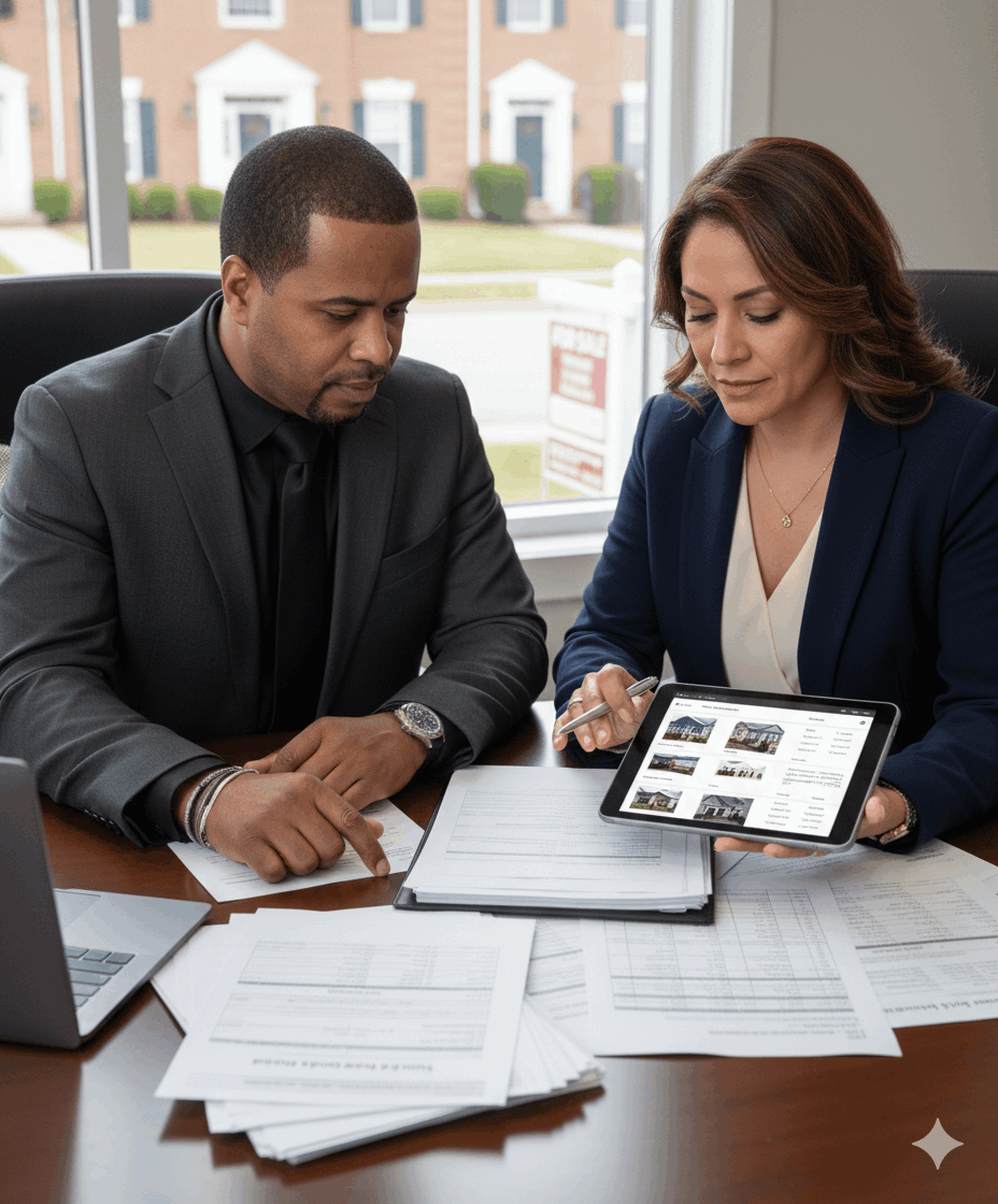 Real estate investor and realtor reviewing multiple offers and property listings on a tablet, analyzing documents to structure a competitive investment offer in a high-demand Passaic County New Jersey real estate market.
