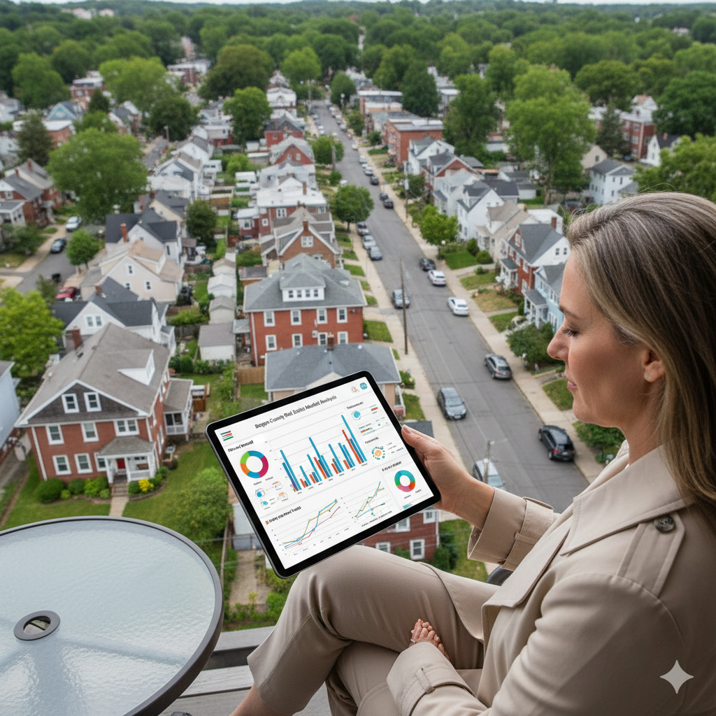 Bergen County New Jersey residential neighborhood viewed from above as a real estate investor reviews local market trends and rental data on a tablet, illustrating investment property analysis in North Jersey.