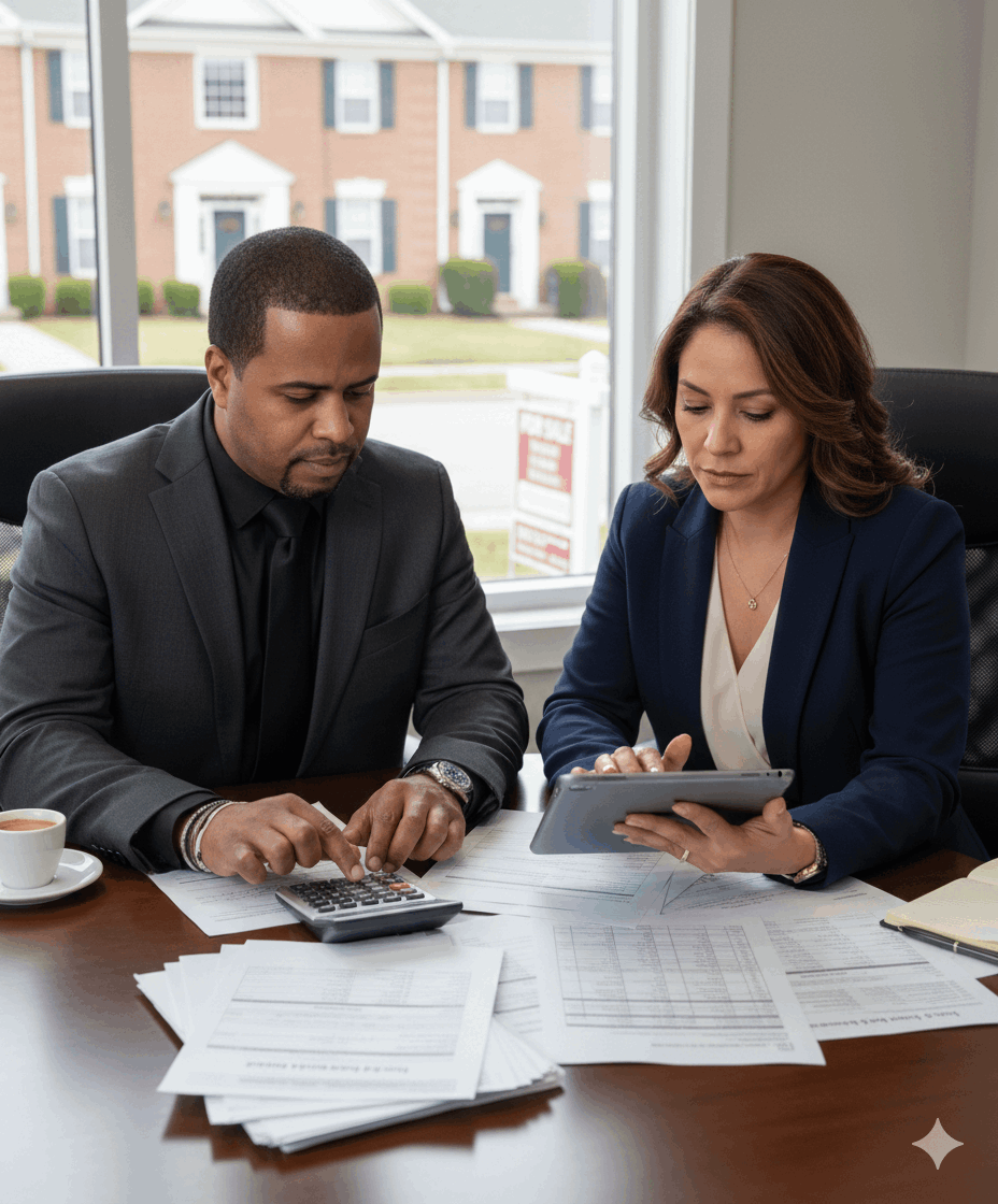 Real estate investor and realtor reviewing financing documents and cash flow projections for a Passaic County investment property, using a calculator and tablet to structure a rental property deal in North Jersey.