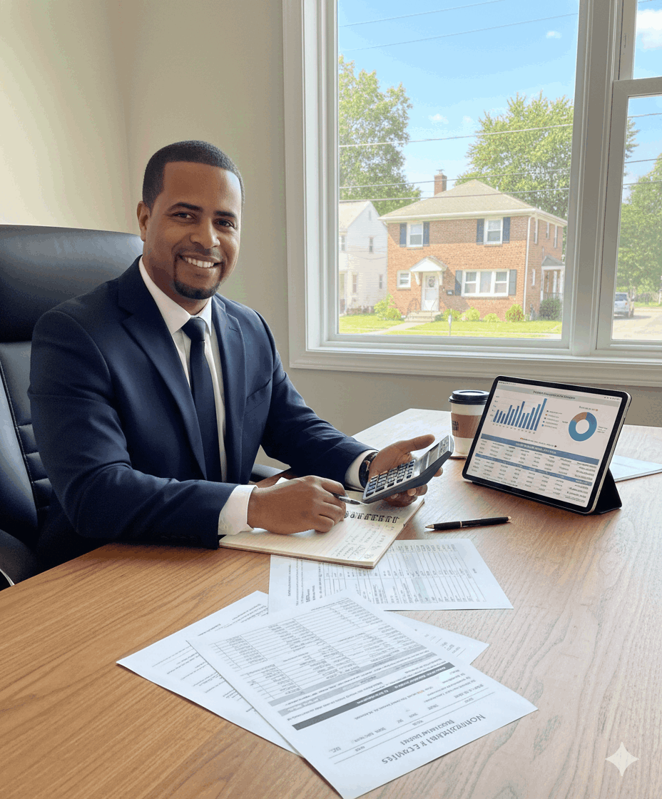 Real estate investor reviewing financing options for an investment property, using a calculator and financial documents at a desk with a Bergen County New Jersey rental home visible in the background, representing investment property loan strategies in North Jersey.