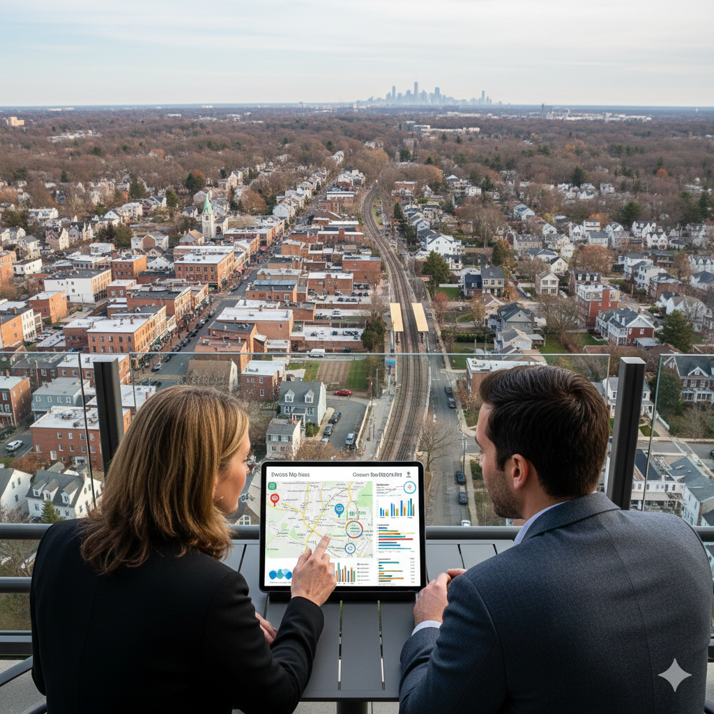 Relocation buyer and real estate agent reviewing Bergen County New Jersey market data on a tablet, overlooking local neighborhoods with commuter rail access and New York City skyline in the distance, representing relocation market analysis in North Jersey.