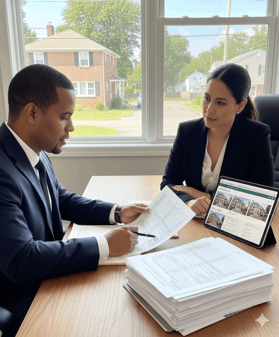 Real estate investor and agent reviewing a competitive offer for an investment property at a desk, analyzing documents and listings in a Bergen County New Jersey market, representing strategic offer negotiation in North Jersey real estate.