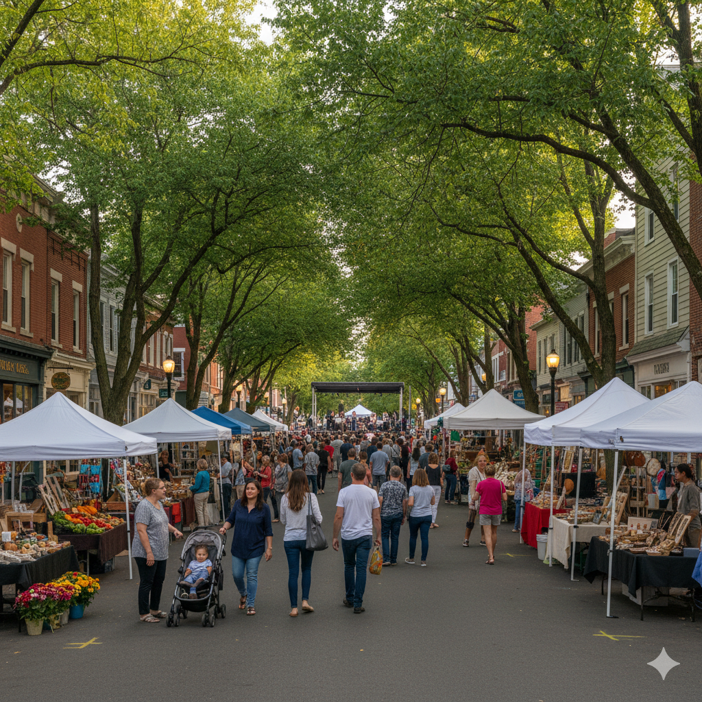 Upcoming events in Bergen County showing a lively downtown community gathering