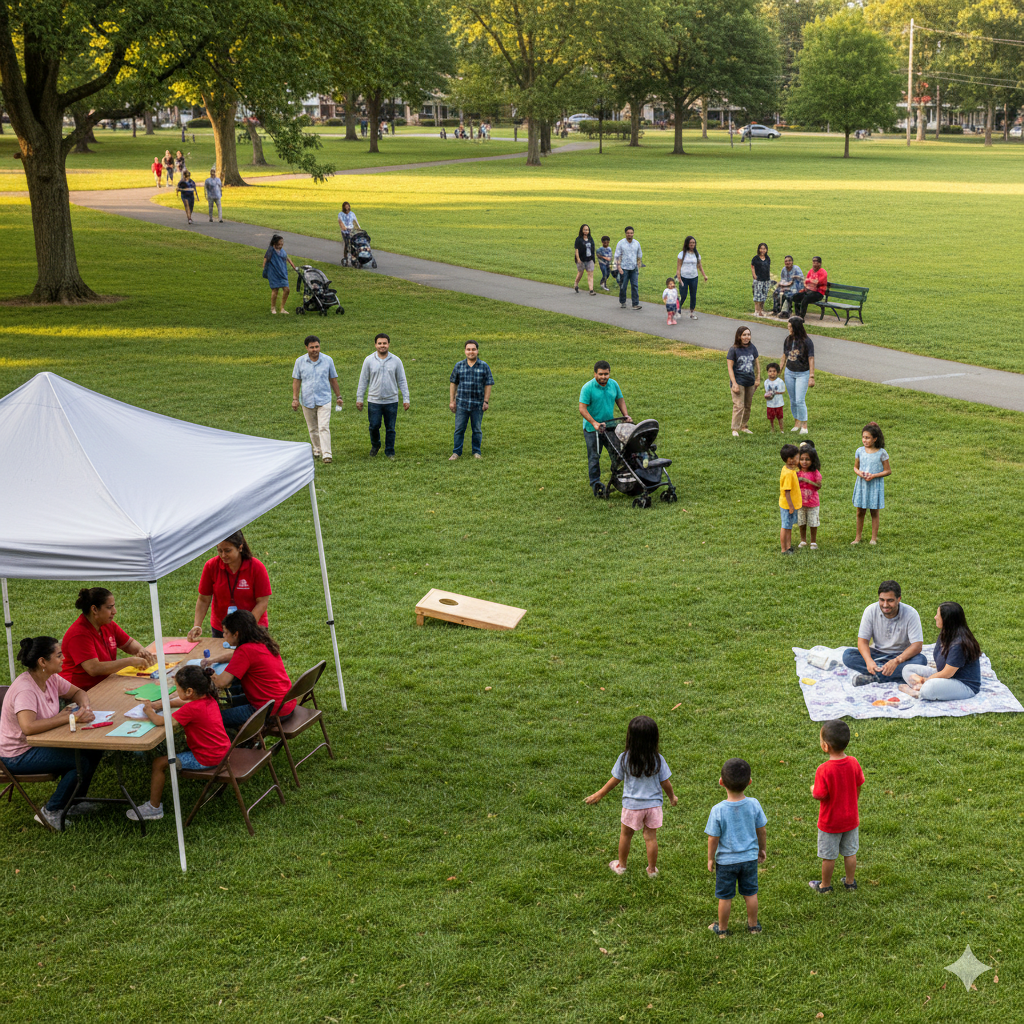Family events near me in NJ showing parents and children enjoying a local park activity