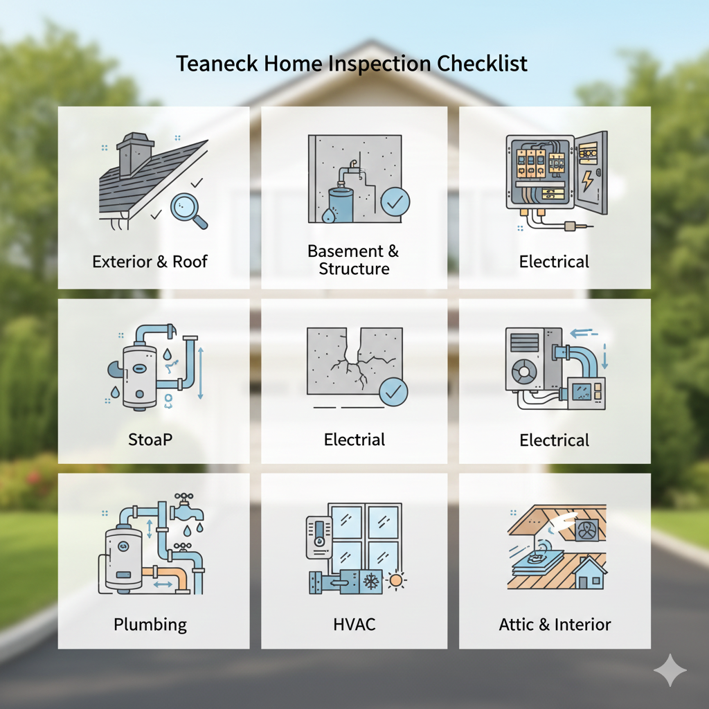 Teaneck home inspection checklist graphic showing icons for roof and exterior, basement and structure, electrical panel, plumbing system, HVAC system, attic, and interior components. Clear visual guide for North Jersey home buyers reviewing essential inspection items.